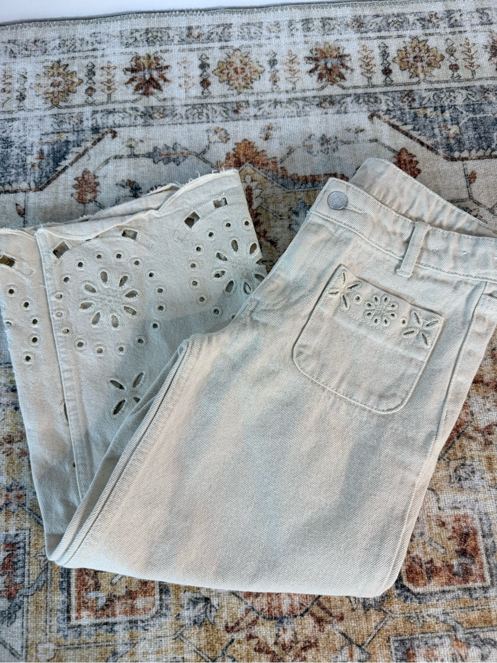 H&M girls cream eyelet cropped jeans wide leg